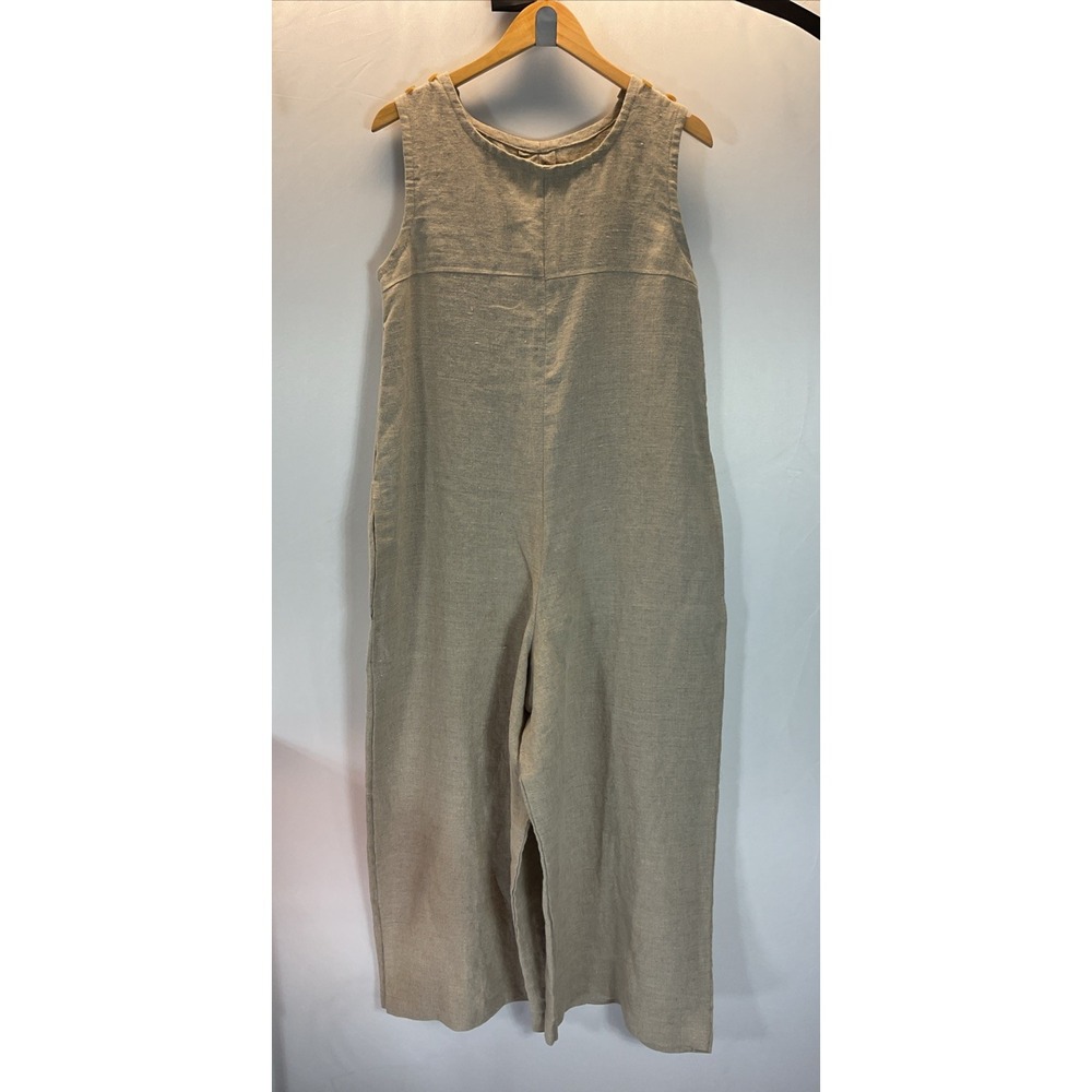 Relaxed Linen Blend Sleeveless Jumpsuit in Beige